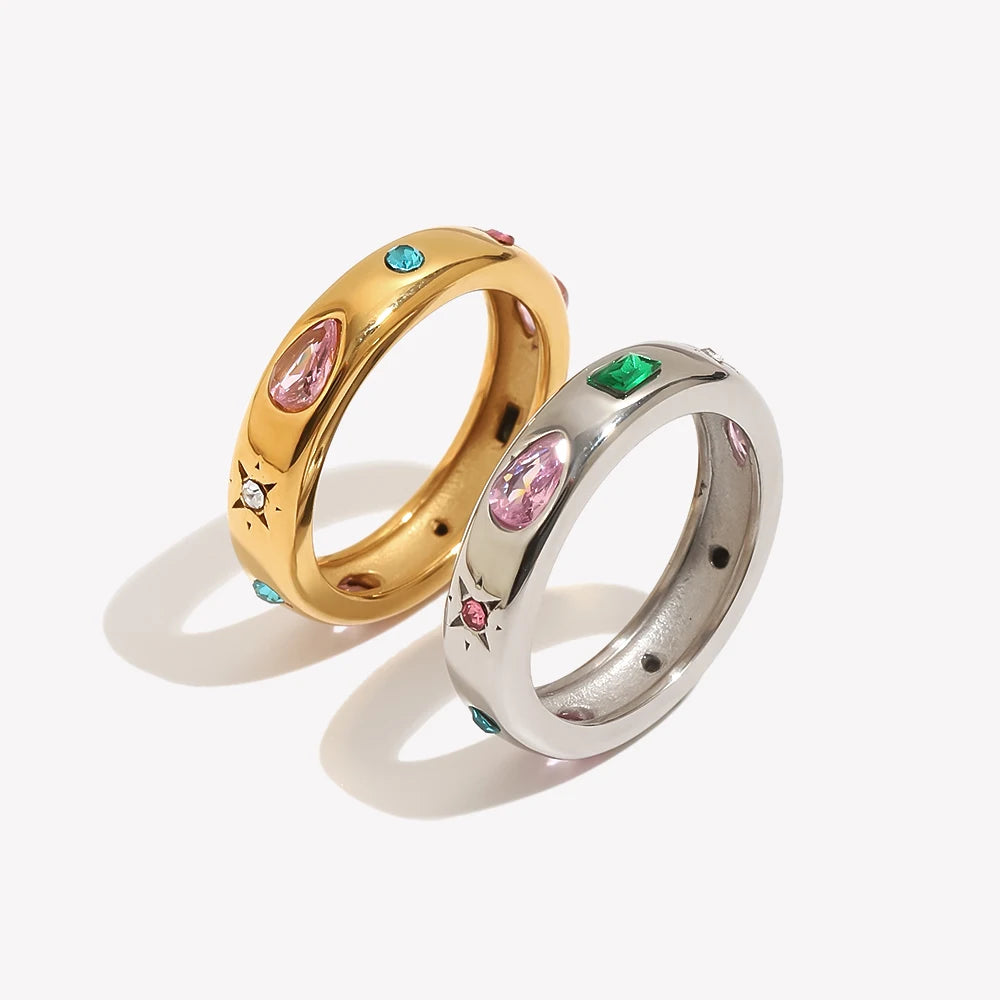 Rectangular Water Droplet Geometric Zircon Ring Gold Plated 316L Stainless Steel Decoration - Image 1
