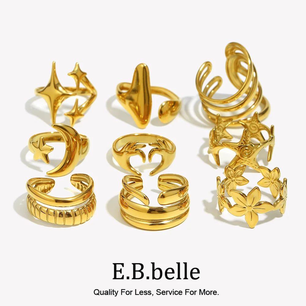 Stainless Steel Open Hollow Series Rings With Star Moon Spiral Pattern Jewelry For Women's Gift Party - Image 1