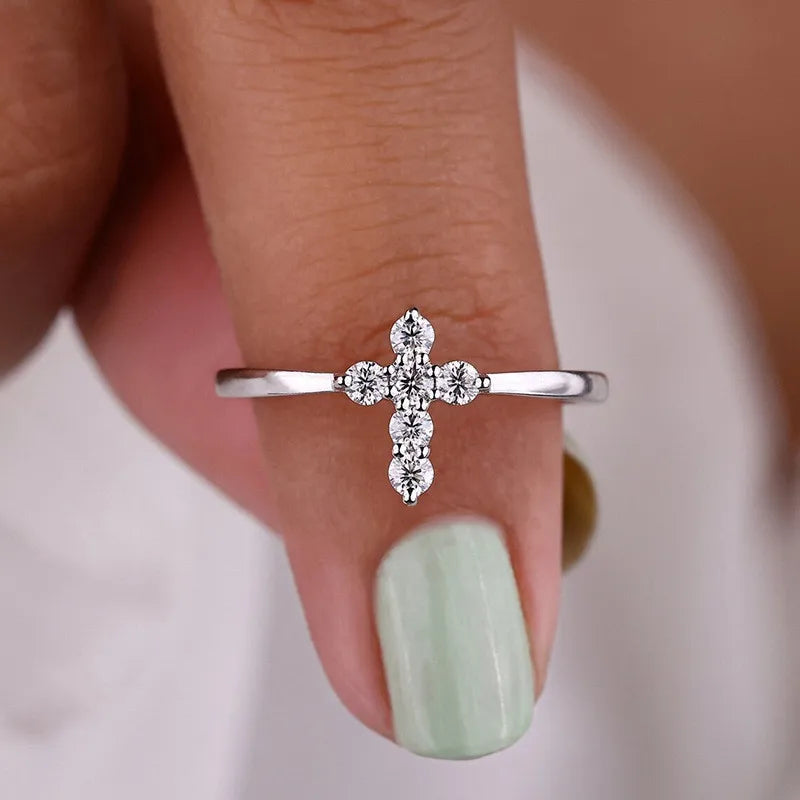 Silver Cross Finger Ring for Women White Cubic Zirconia Female Accessories Daily Wear Jewelry - Image 1