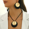 3pc/set Large Round Earrings Collar Necklace Set for Women Exaggerated PU Rope Chains Metal Geometric Pendant Necklace Jewelry - Image 1