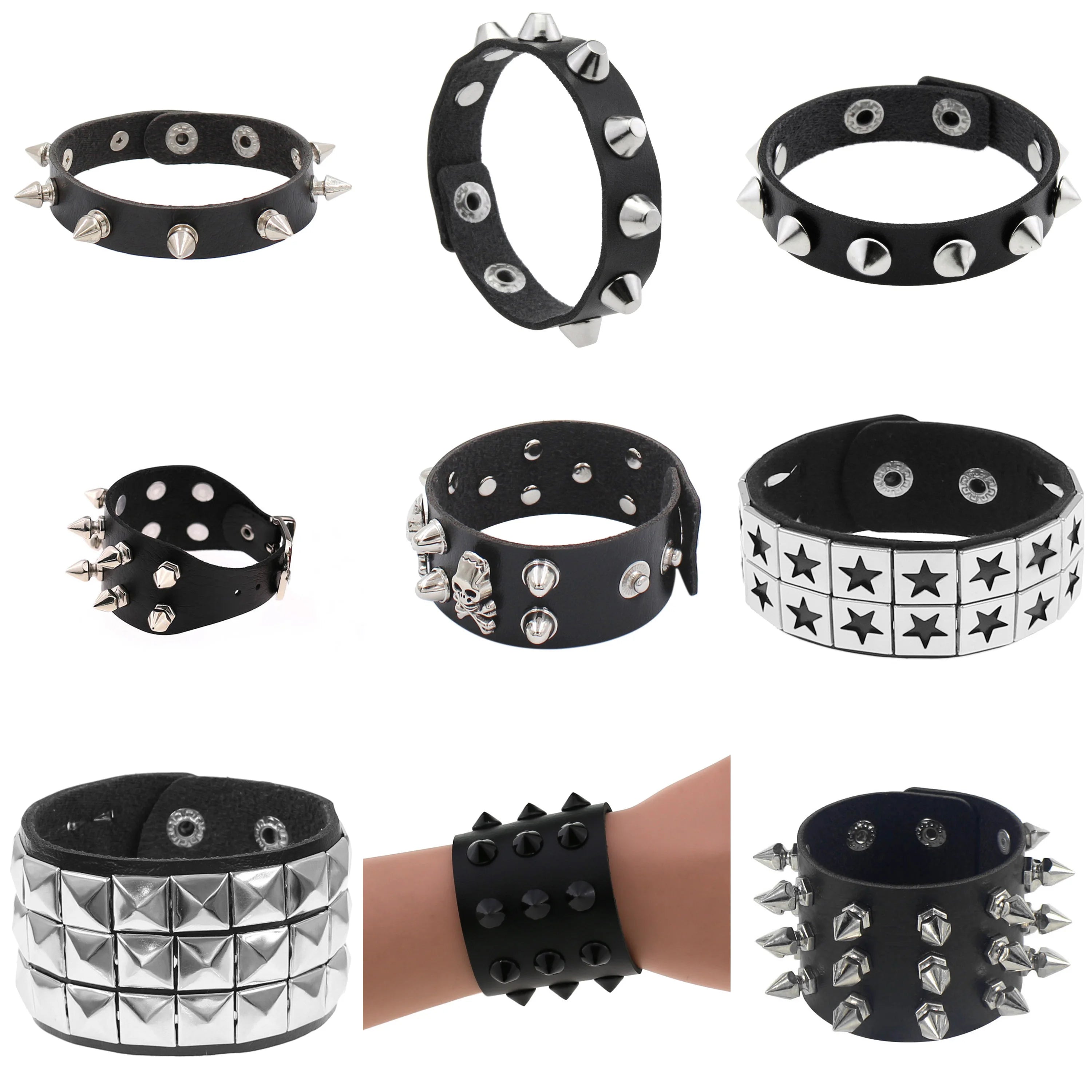 Gothic Punk Hip Hop Rock Spike Rivet Stud PU Leather Wristband Bracelet Bangle - Image 1