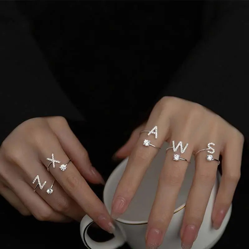 Zircon Initial A-Z Letter Ring For Women Metal Adjustable Opening Ring Name Alphabet Female Wedding Gift - Image 1