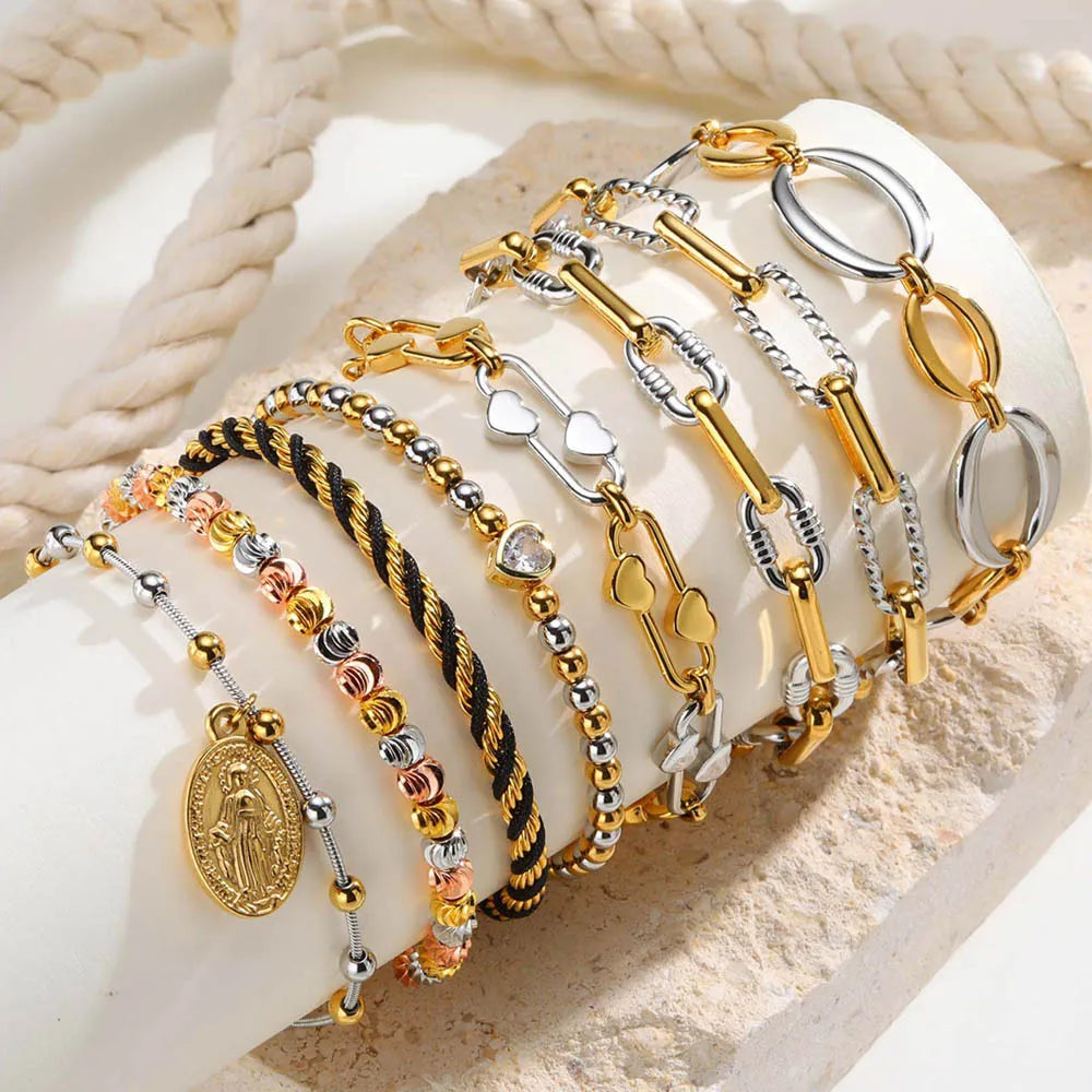 Two-Tone Stainless Steel Link Bracelet with Mixed Chain Design - Image 1