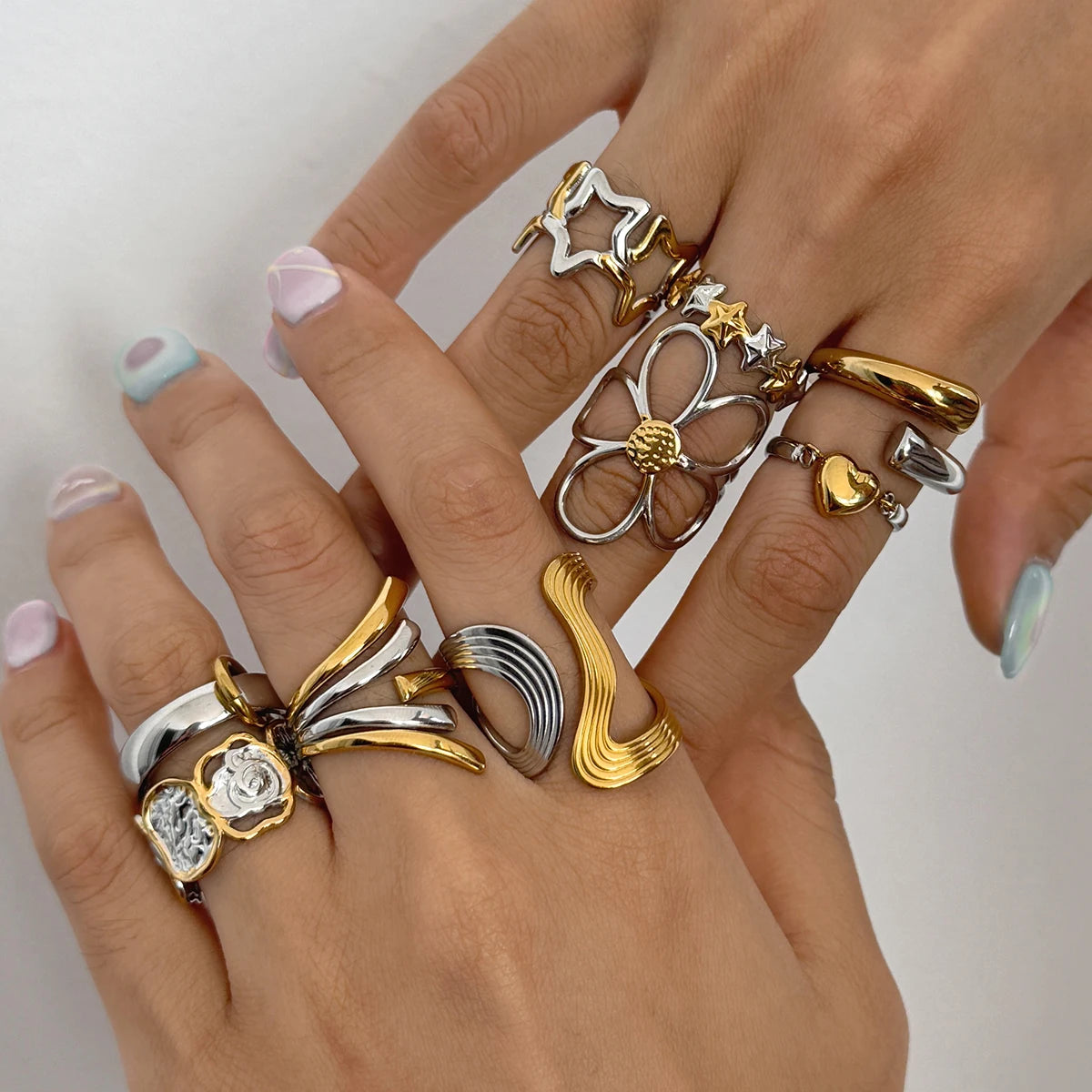 Minimalist Stainless Steel Two tone Hollow Flower Ring Stackable Texture Ring Women's Jewelry Party Gift - Image 1