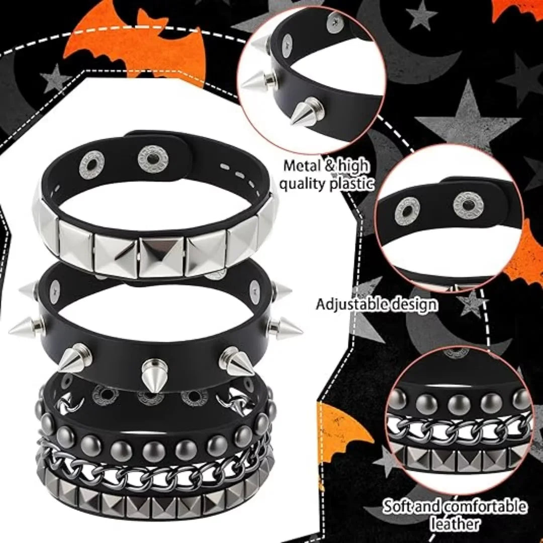 Four Piece Black PU Leather Cuff Bracelet Set with Stud and Chain Details - Image 1
