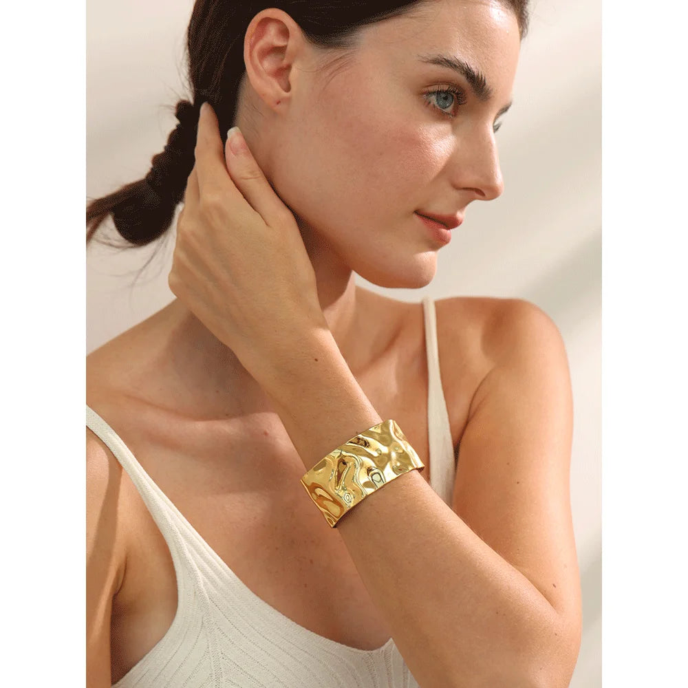 Wide Stainless Steel Cuff Bracelet in Gold-Tone or Silver-Tone - Image 1
