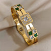 Stainless Steel Large Green Zircon Gold Plated Bracelet Rhinestone Layered Cuff Bracelet Jewelry - Image 7