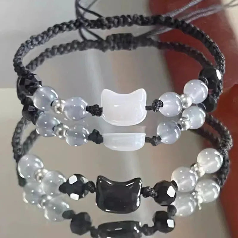 2pcs Moonstone Obsidian Bracelets Couple Minimalist Bracelet Handmade Cute Black White Cat Bracelet Party Jewelry Gifts - Image 1