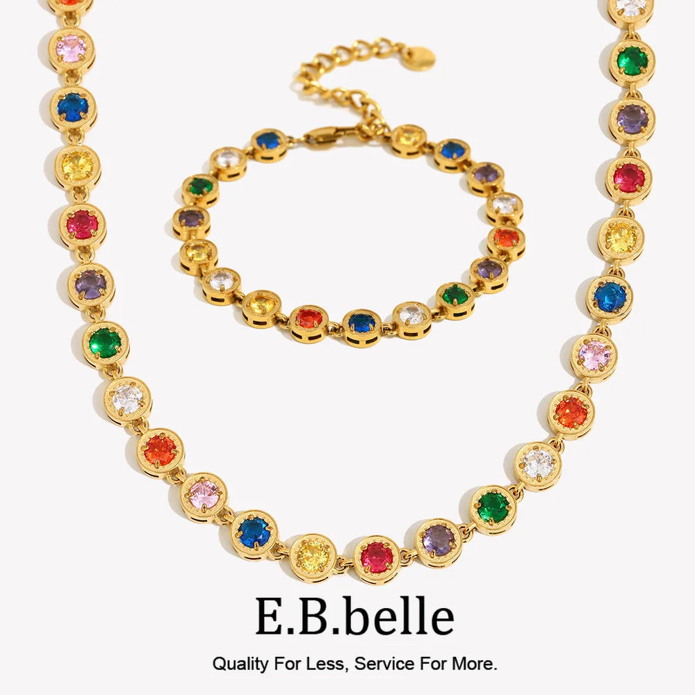 Multicolor Round Zircon Necklace Bracelet Pvd Plated Stainless Steel Party Shiny Chic Jewelry - Image 1