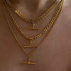 Gold Color Plating Figaro Cuban Chain T-bar Pendant Necklace Stainless Steel T-bar Pendant Necklace For Women - Image 2