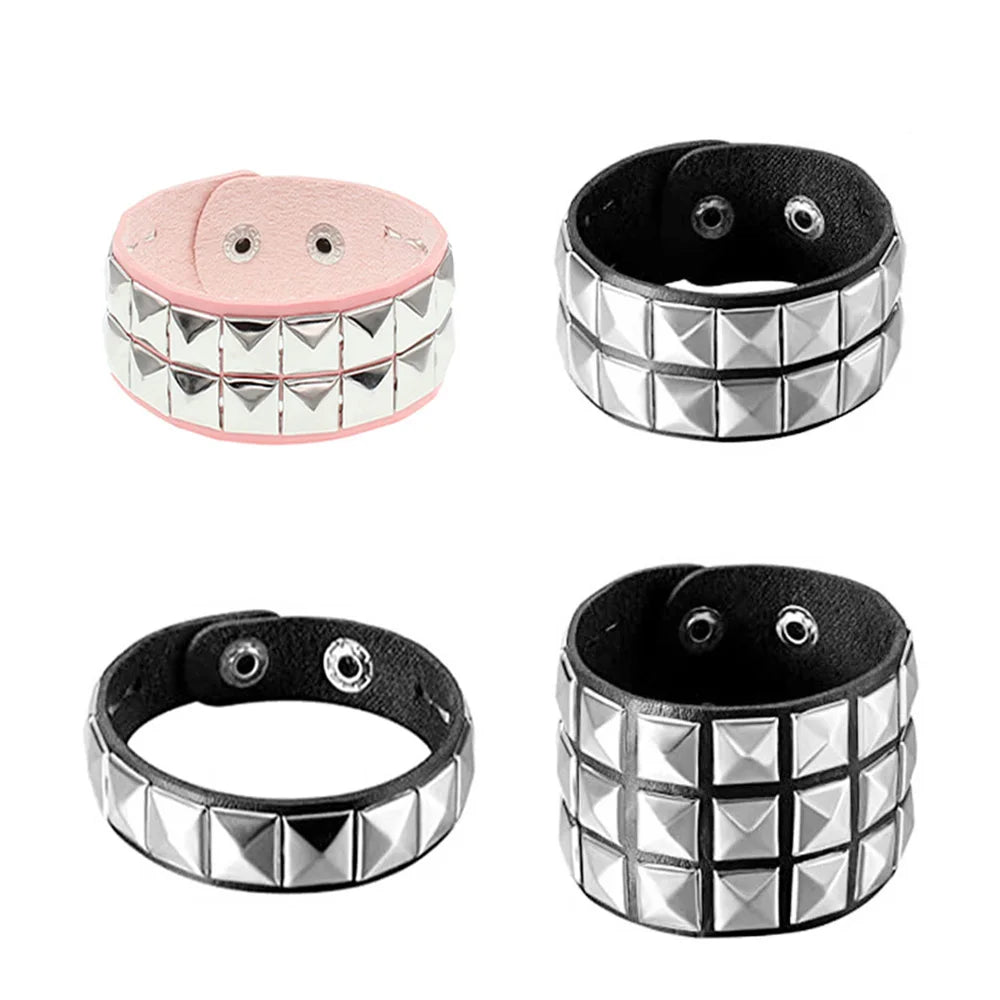 Black Leather Goth Square Washer Rivet Bracelet Cuff Wristband Gothic Punk Bracelets For Armbands Men Women - Image 1
