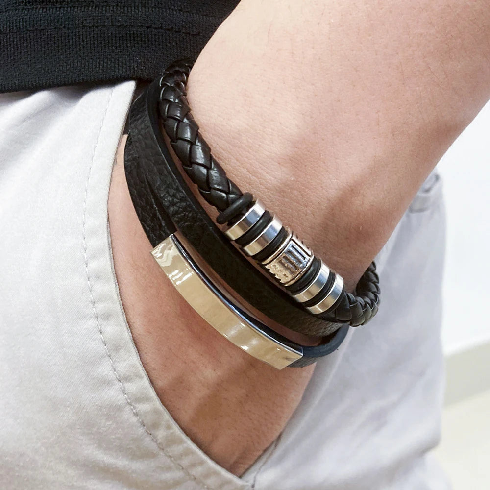 Leather Bracelets For Men Stainless Steel Bracelet 21CM Multilayer Braided Rope Bracelets for Male Jewelry Gifts - Image 1