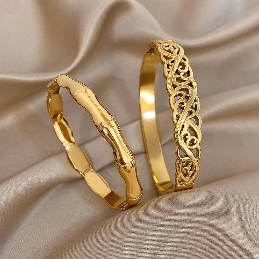 Retro Carved Hollow Pattern Women's Bracelet Smooth-surface Bamboo Joint Cuff Bangle Personality Stainless Steel Jewelry - Image 1