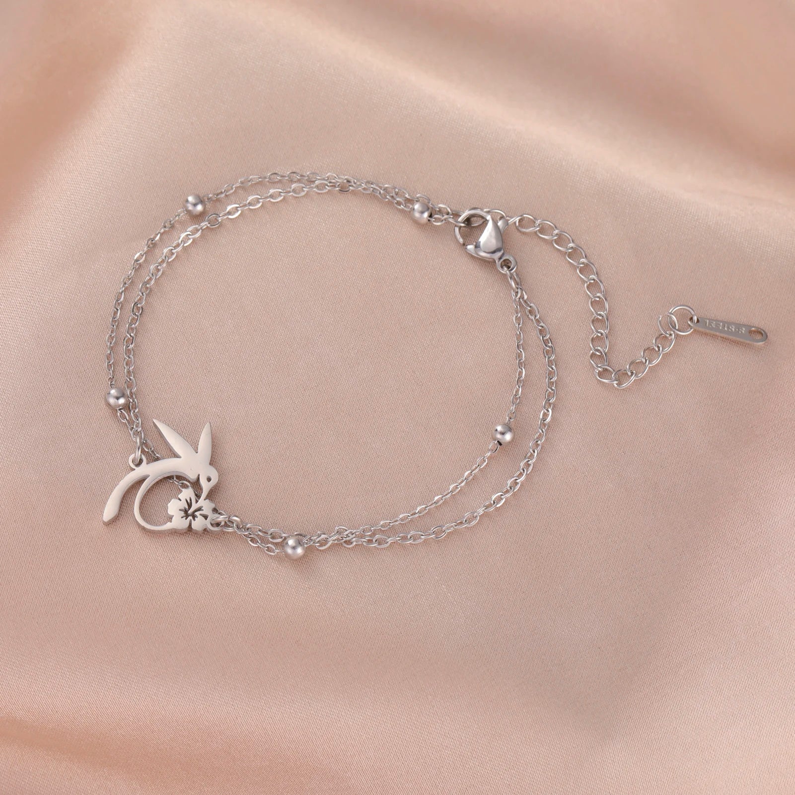 Skyrim Hummingbird Flower Charm Bracelets Women's Stainless Steel Gold Color Double Layer Beads Chain Bracelet Bohemian Jewelry - Image 1