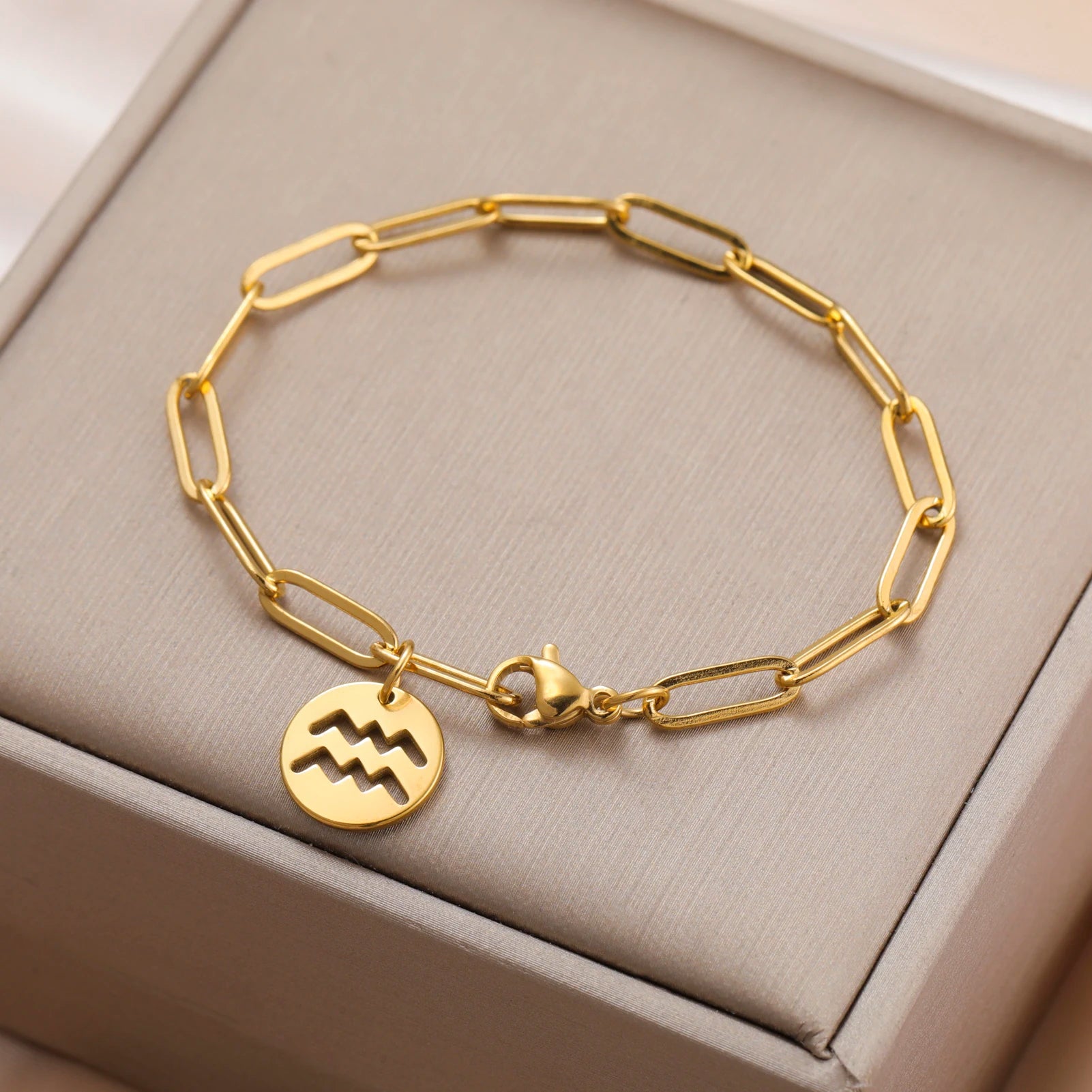 Zodiac Charm Bracelet Women Stainless Steel Paperclip Chain Bracelets Constellation Aquarius Aries Taurus Leo Jewelry - Image 1