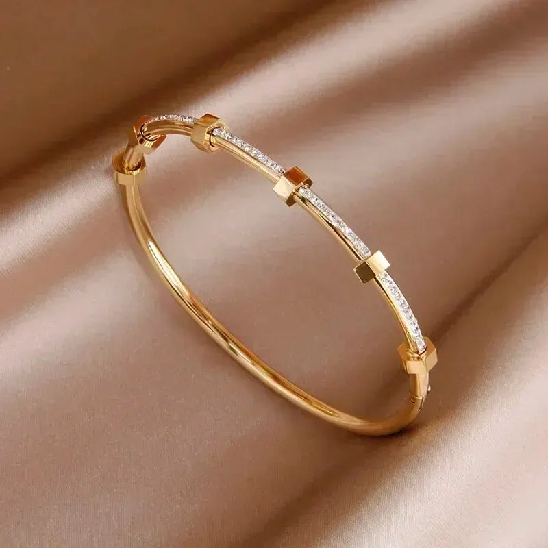 Round Cubic Zirconia Bangles For Women Men Gold Color Silver Color Stainless Steel Crystal Bangle Party Jewelry - Image 1