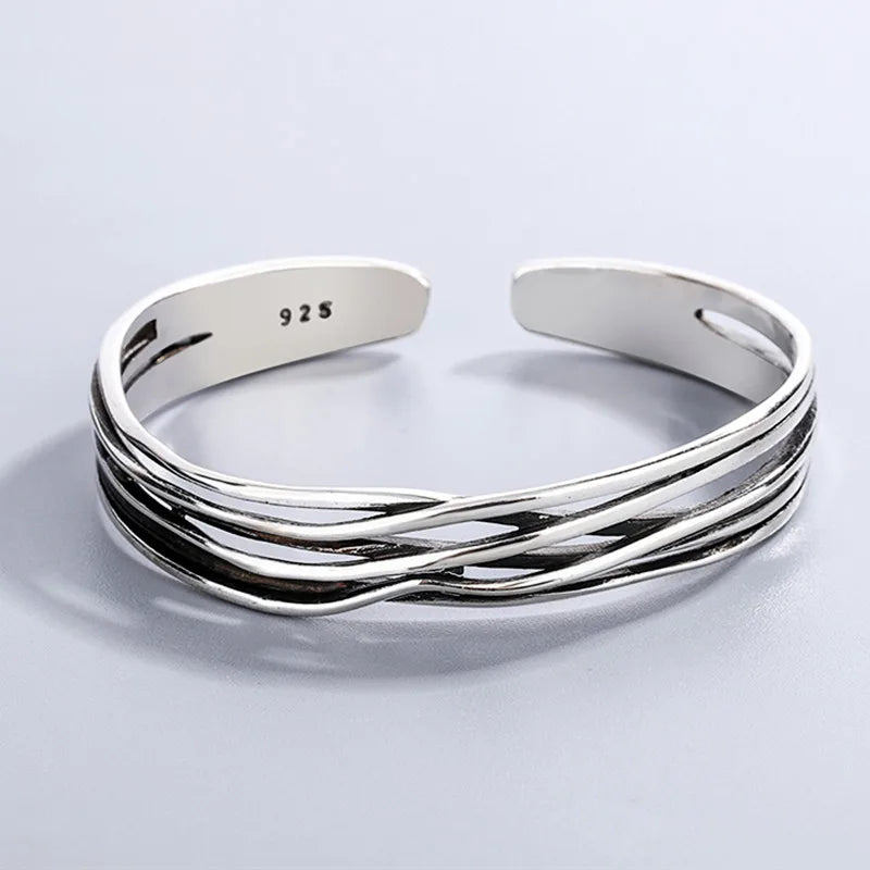 Retro Wave Braided Bracelets Silver Jewelry Personality Geometric Opening Bangles - Image 1