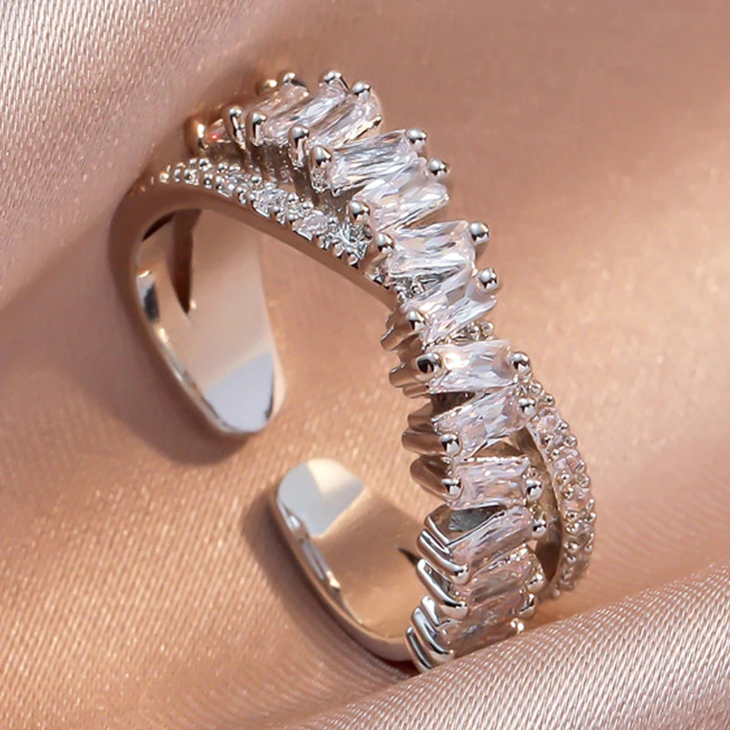 Zircon Shiny Chic Resizable Double Student Opening Rings for Woman Silver Color Gothic Finger Jewelry Wedding Party - Image 1