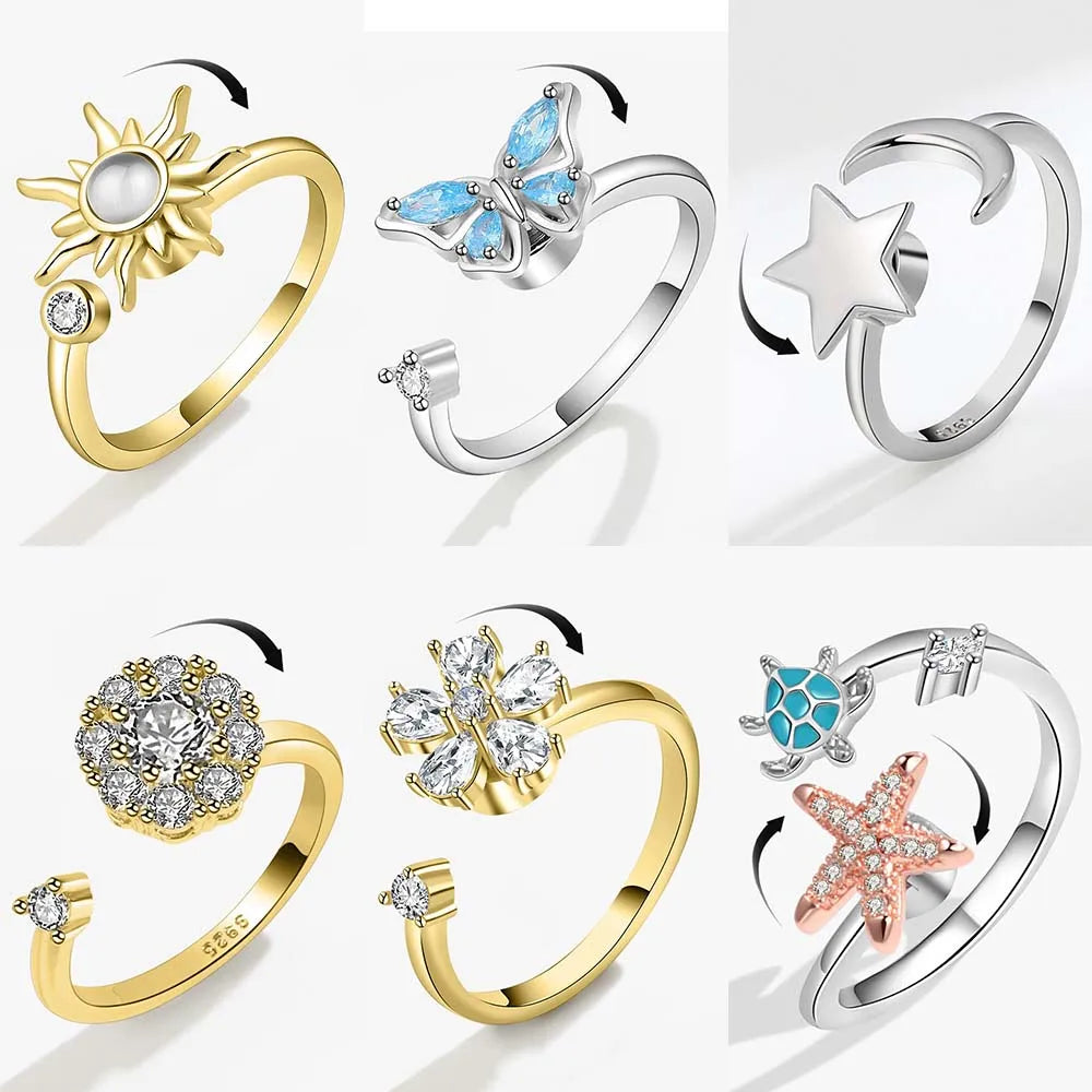 Sunflower Rotating Ring For Women Spinner Fidgets Adjustable Open Rings Cute Animal Butterfly Turtle - Image 1