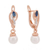 FJ Women Rose Gold Color Blue Stone Simulated Pearl Dangle Long Earrings - Image 1