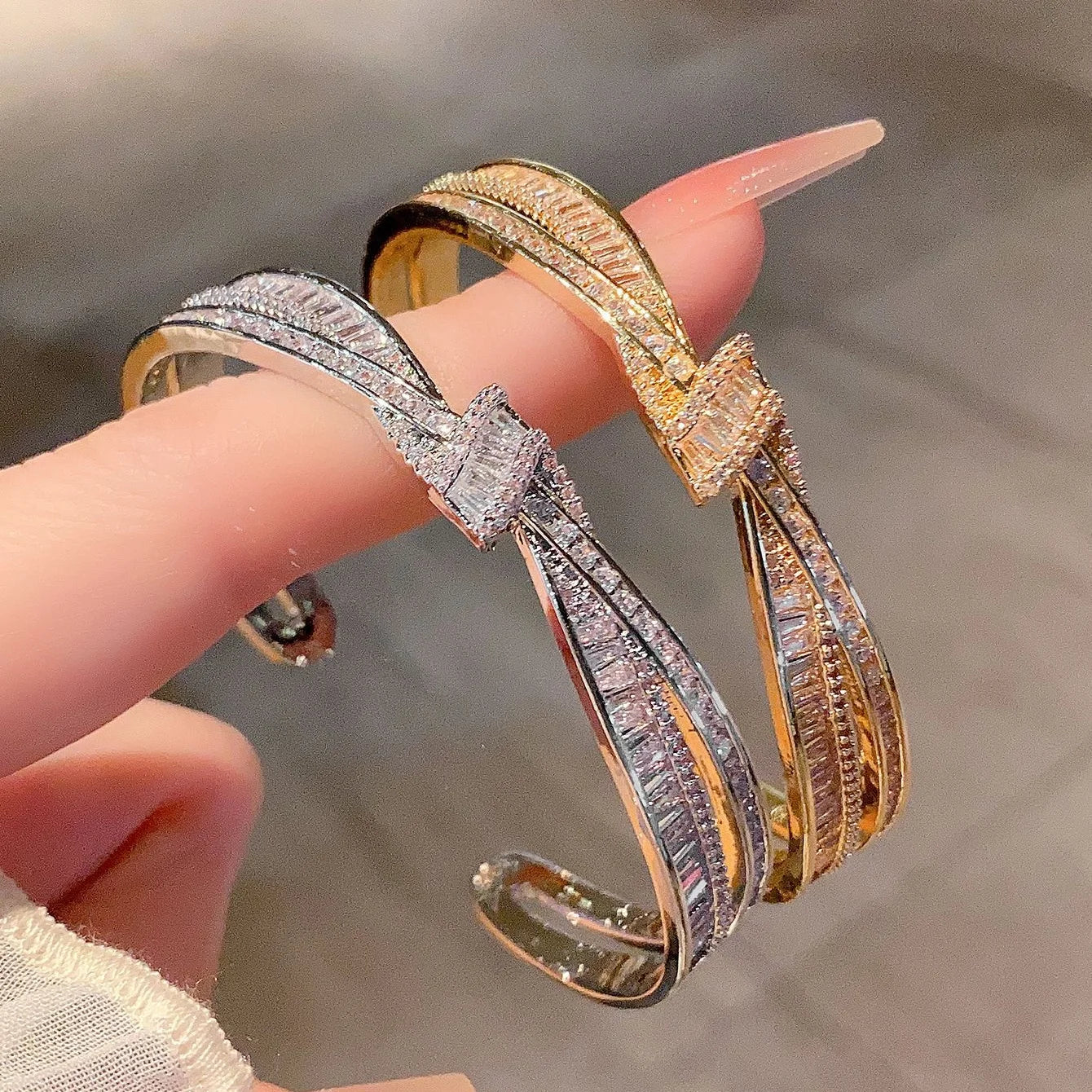 Twisted Knot Open Cuff Bangle Bracelet Sparkling Zircon Inlaid Bracelet Party Gift Jewelry - Image 1