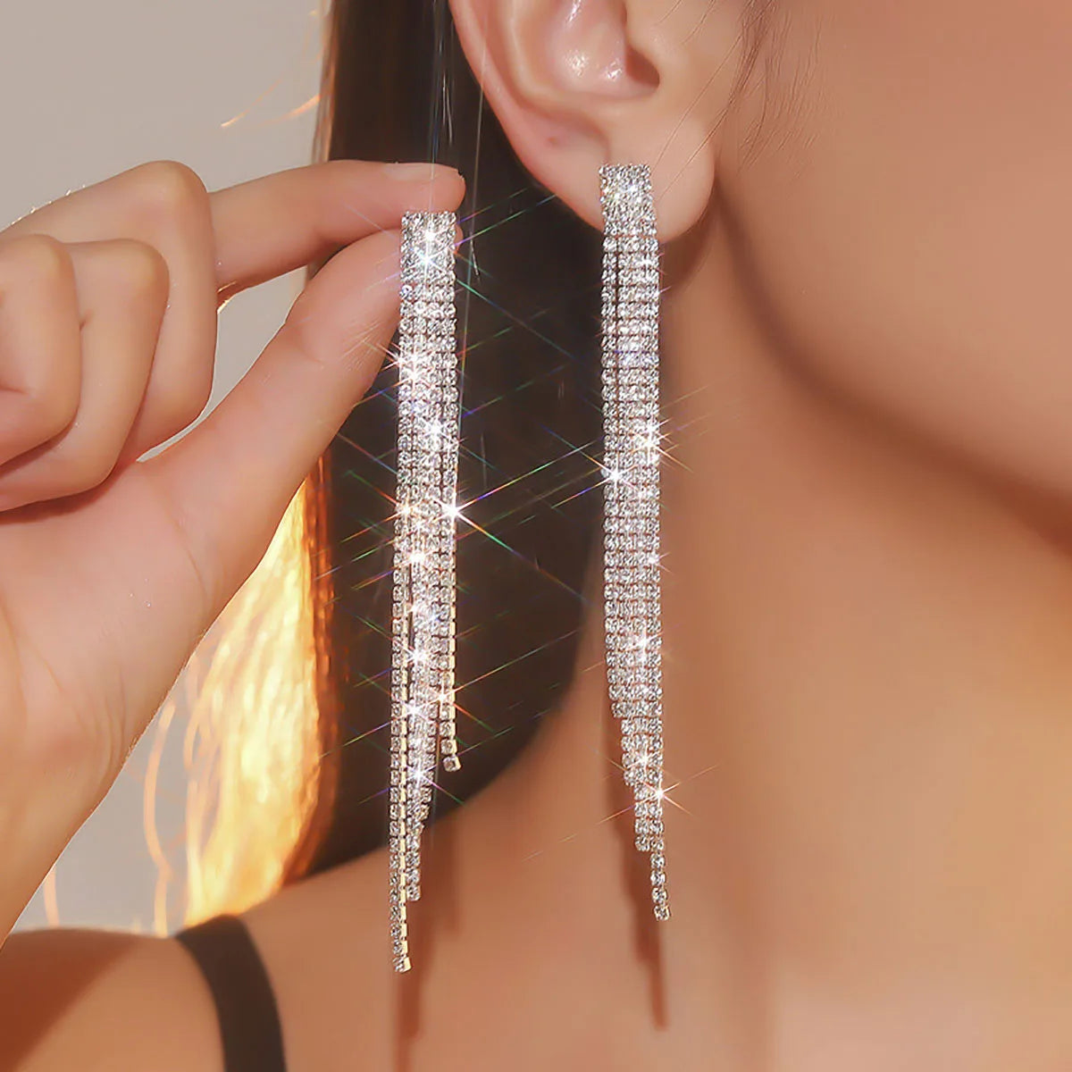 Shiny 4 Lines Rhinestone Crystal Tassel Long Earrings for Women Wedding Party Hanging Dangle Earrings Bridal - Image 1
