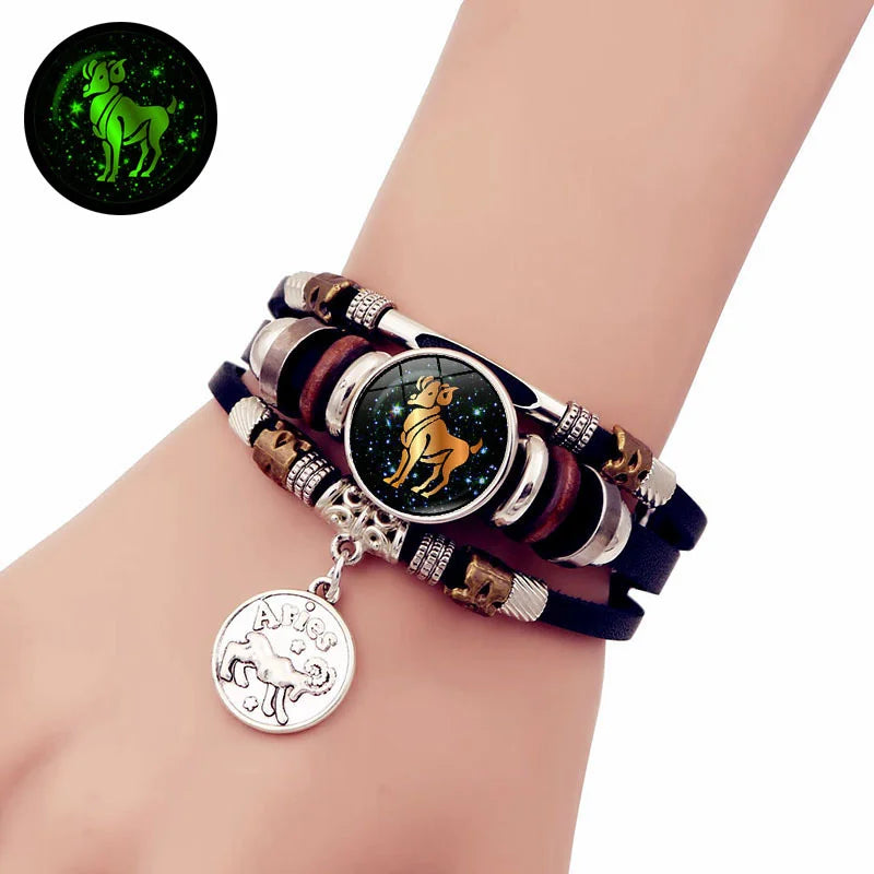 Luminous 12 Constellation Vintage Bracelet for Men Women Braided Punk Leather Bracelets Birthday Gift Glow In The Dark Bracelet - Image 1