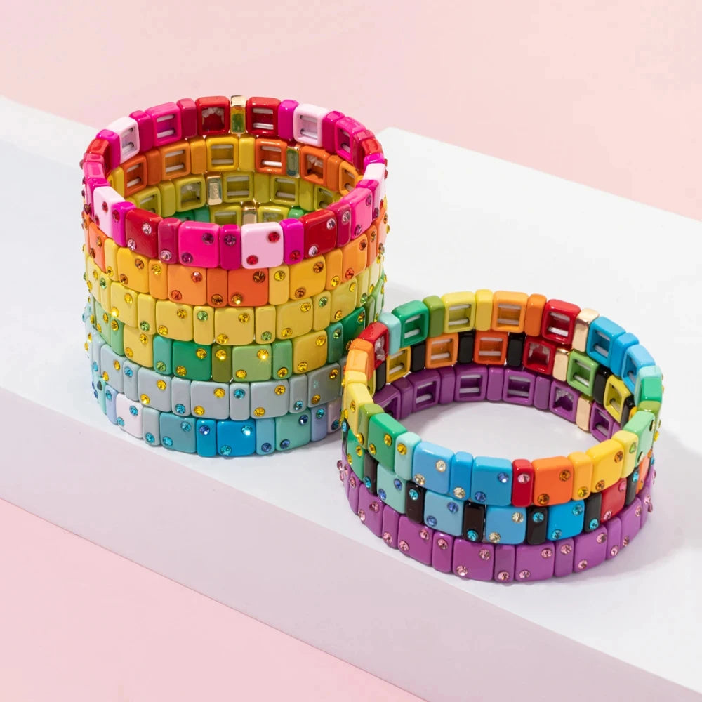 Enamel Colorful Beads Elastic Bracelet Set for Women Zirconia Bangle Women Jewelry Accessories Gift - Image 1