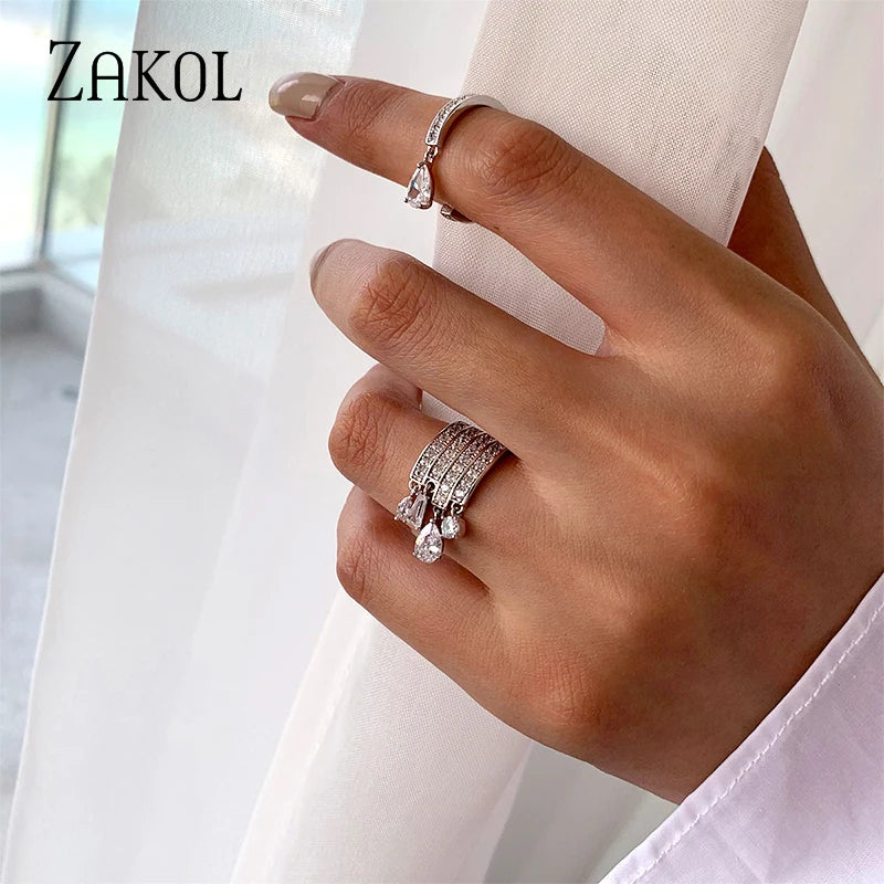 Zakol Korea Multilayer Zircon Engagement Open Rings for Women Water Drop Party Jewelry - Image 1