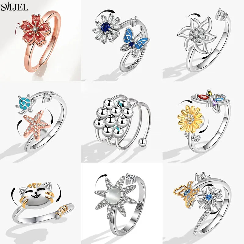 Cute Happy Cat Fidget Spinner Rings Rotate Freely for Women Metal Copper Knuckle Ring Wedding Jewelry - Image 1