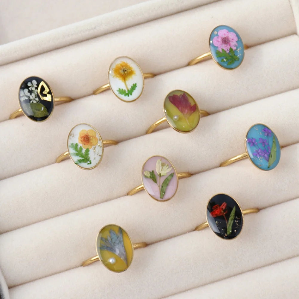 Stainless Steel Dried Flower Oval Rings For Women Eternal Flower Open Finger Ring Jewelry Wedding Band Gift - Image 1