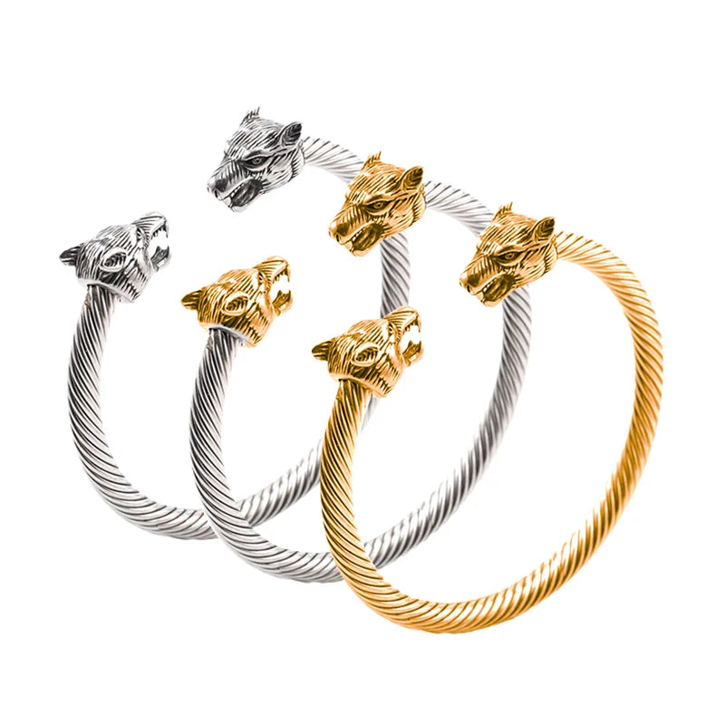 Stainless Steel Cable Wire Bracelets Dragon Tiger Wolf Design Adjustable Size Open Cuff Bangle for Women Men Jewelry - Image 1