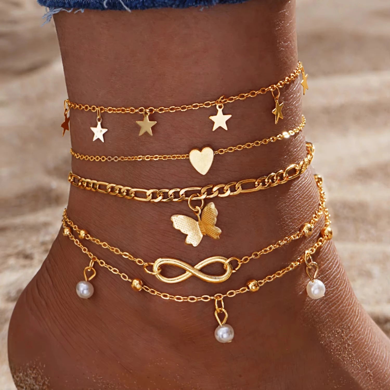 5 Pcs Metal Butterfly Star Heart Pendant Anklets Set Bohemia Vintage Pearl Pendant Foot Bracelet Beach Woman Jewelry - Image 1