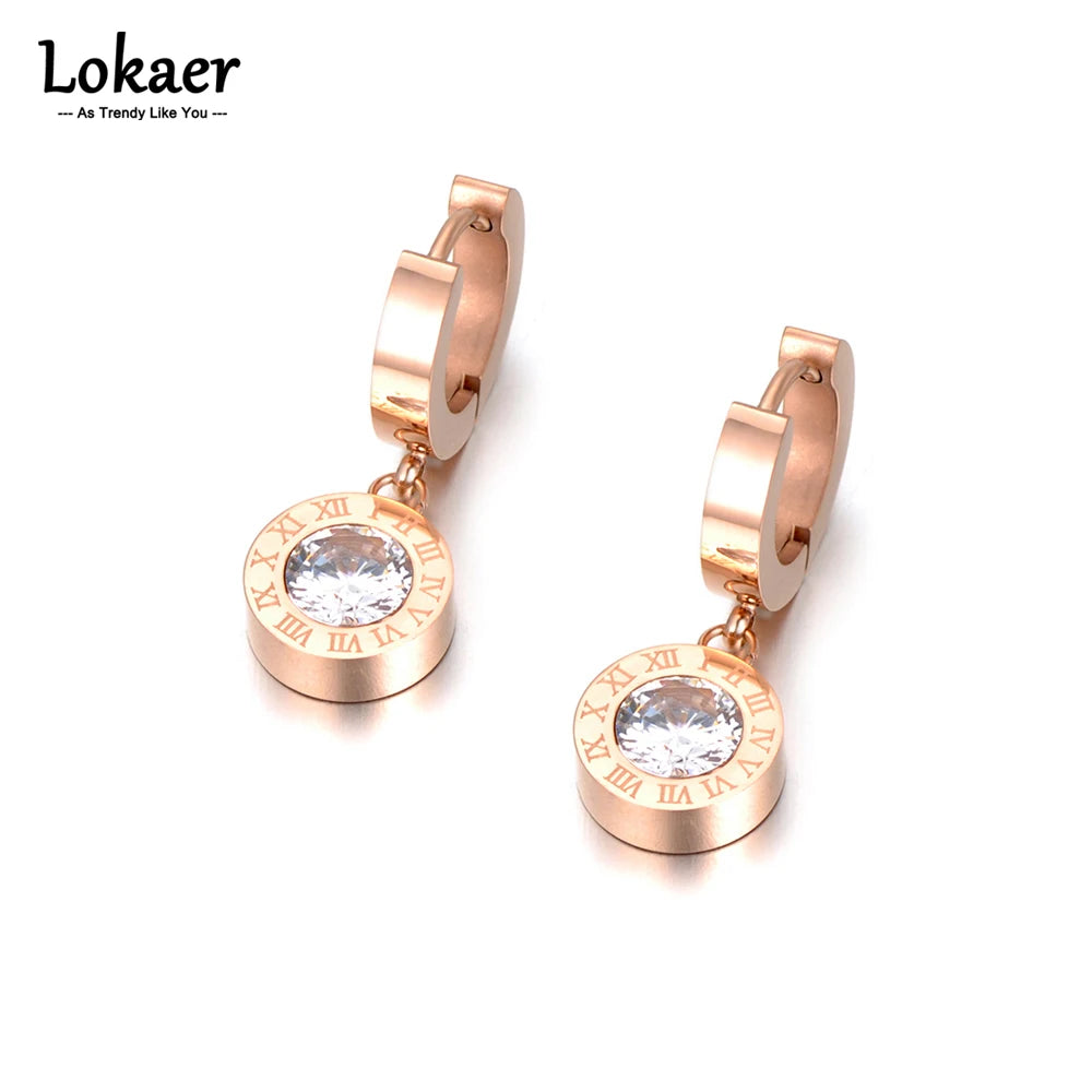 Cubic Zirconia Round Roma Number Stainless Steel Earrings Necklace Bracelet Ring Jewelry For Women Girls - Image 1
