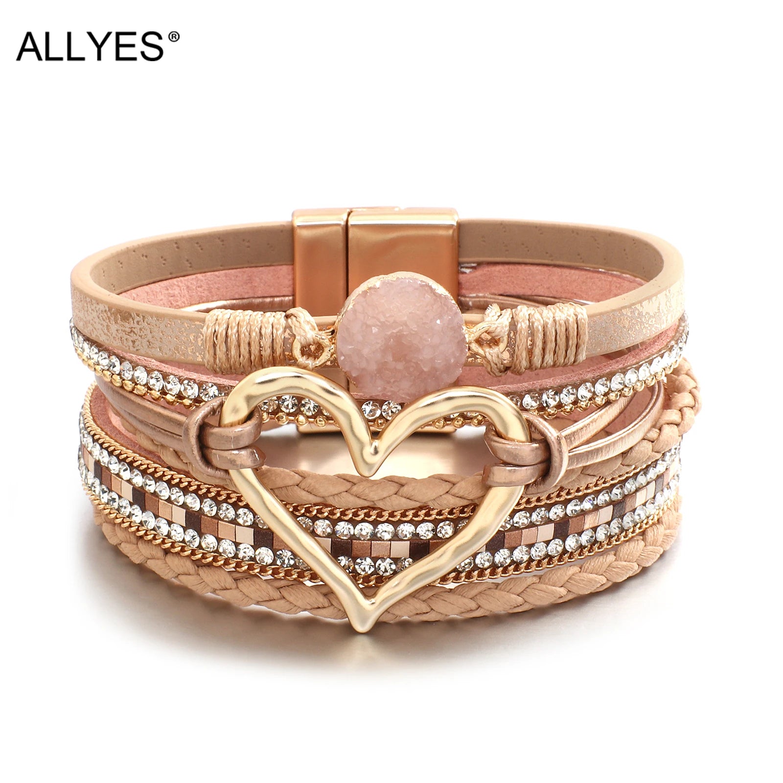 Metal Love Heart Charm Leather Bracelets for Women Rhinestone Braided Wrap Bracelet Bangle Female Jewelry Gfits - Image 1