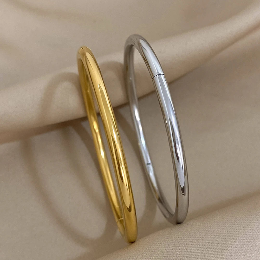 316L Stainless Steel Polished Slim Cuff Bracelet Bangles for Women Smooth Gold Plated Openable Thin Bracelets - Image 1