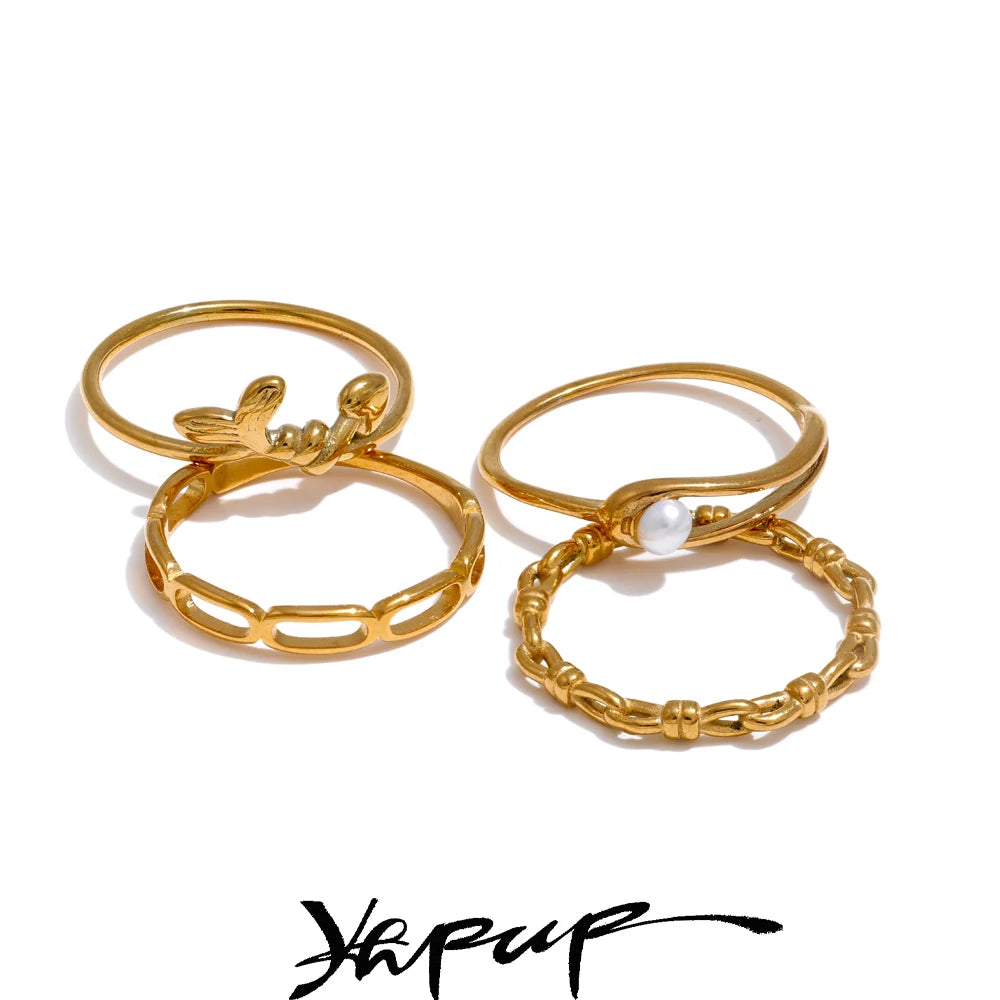 Stainless Steel Pearl Chain Geometric Stackable Thin Ring Gold Color Minimalist Finger Jewelry Gift - Image 1