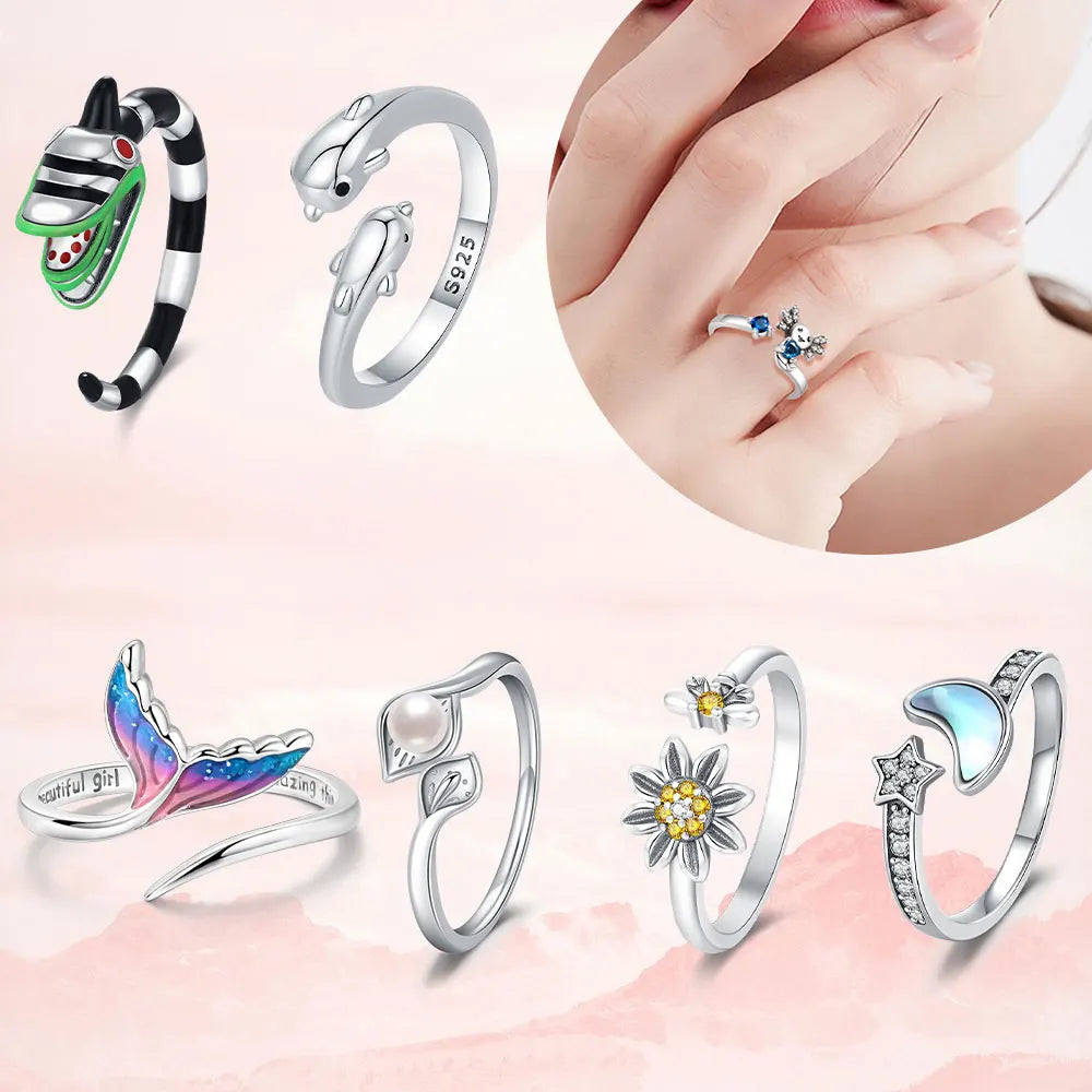 Adjustable Silver Hoops Ring Jewelry Romantic Gift for Girlfriend Cute Animal Ring Love - Image 1