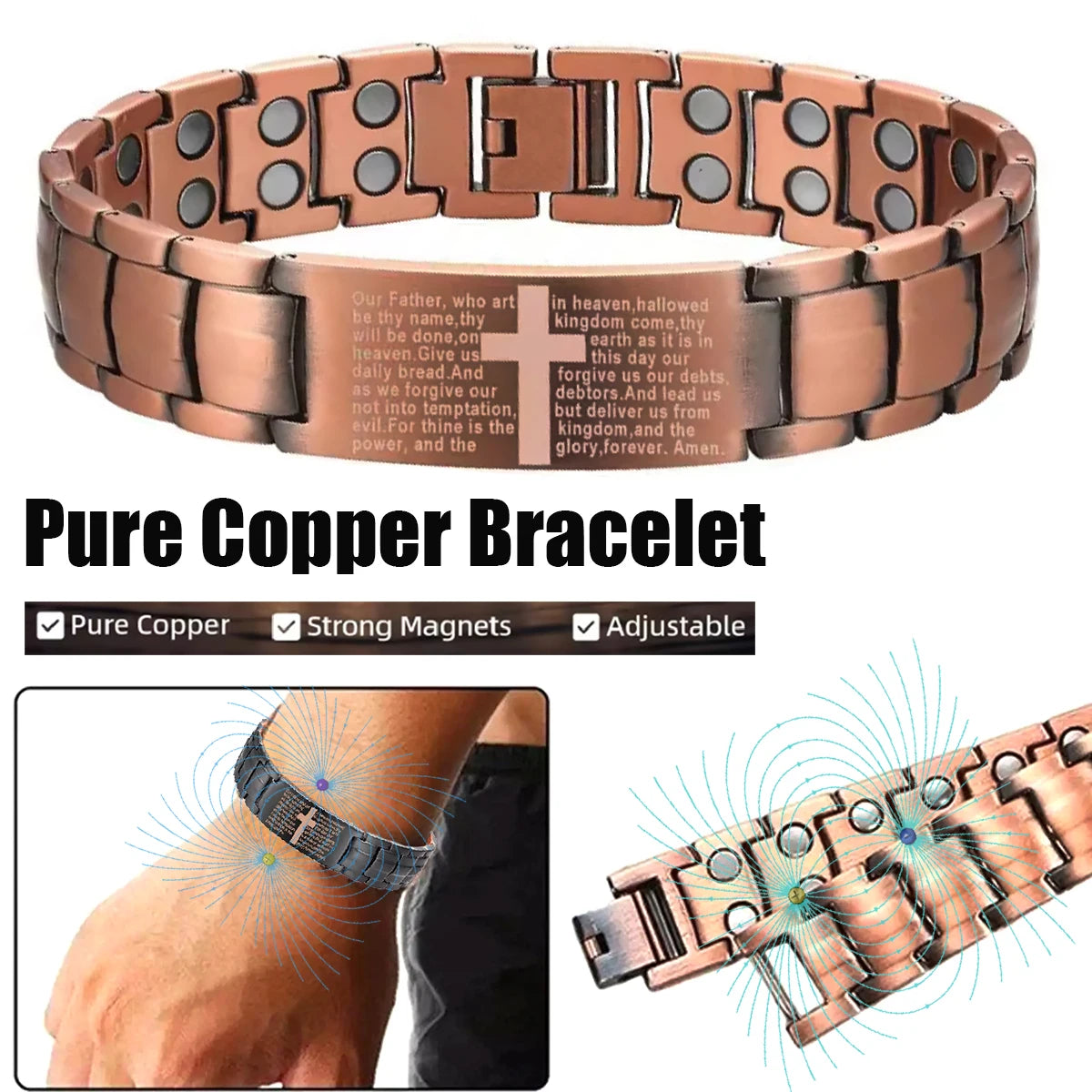 Mens Magnetic Bracelets, Cross Copper Plating Bracelet with Double-Row Strength Magnets for Men Husband Dad Christmas Gifts - Image 1