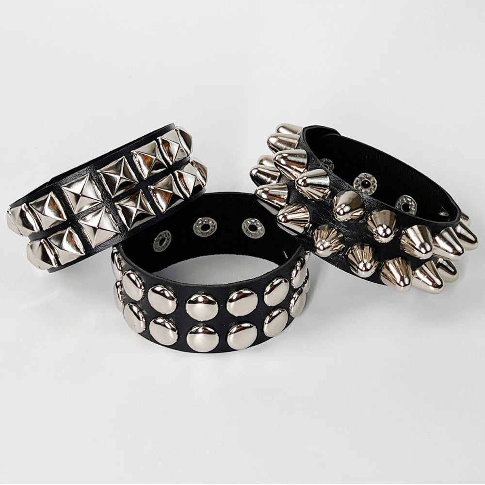 Yupsk Square Wide Punk Chunky Rivet Leather Bangle Rock Rows Nails Wristband Adjustable Size Jewelry Bracelets Bangle - Image 1