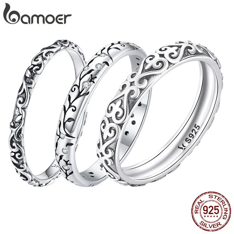 Silver Vintage Embossed Vine Pattern Band Ring for Women, Stackable Engraved Iris Ring Minimalist Daily Gift - Image 1