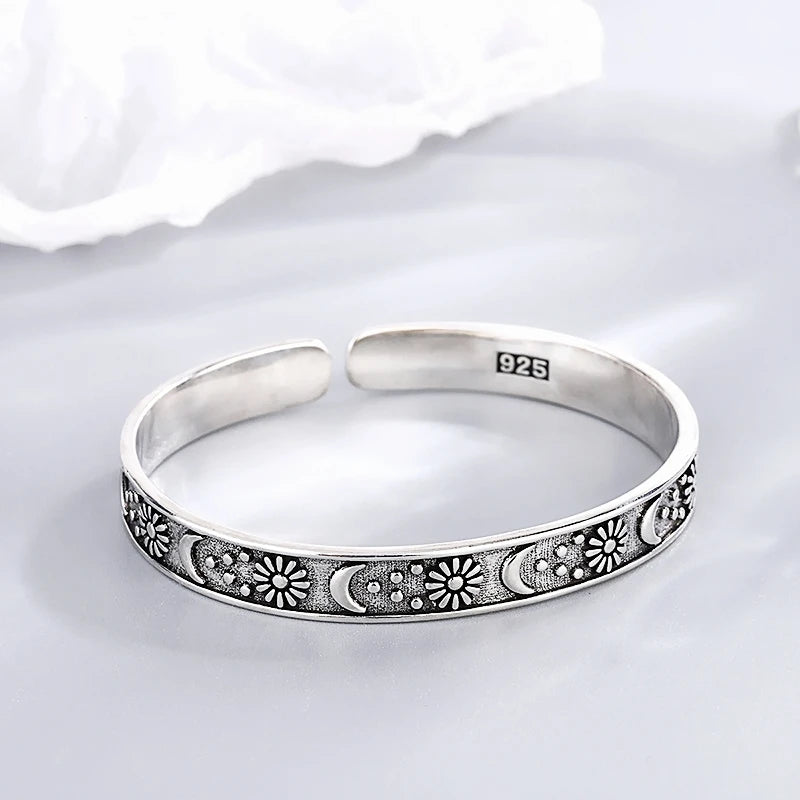Vintage Thai Silver Moon Star Silver Resizable Opening Bracelet For Women Jewelry Gift - Image 1