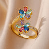 Colored Zircon Double Flower Rings For Women Gold Plated Stainless Steel Flower Opening Ring Wedding Aesthetic Jewelry Gift - Image 2