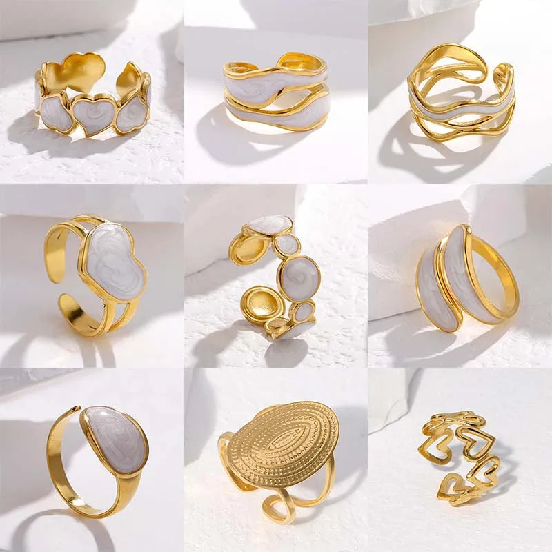 Vintage Stainless Steel White Dripping Oil Opening Ring for Women Simple Gold Color Geometric Adjustable Finger Ring Jewelry2023 - Image 1