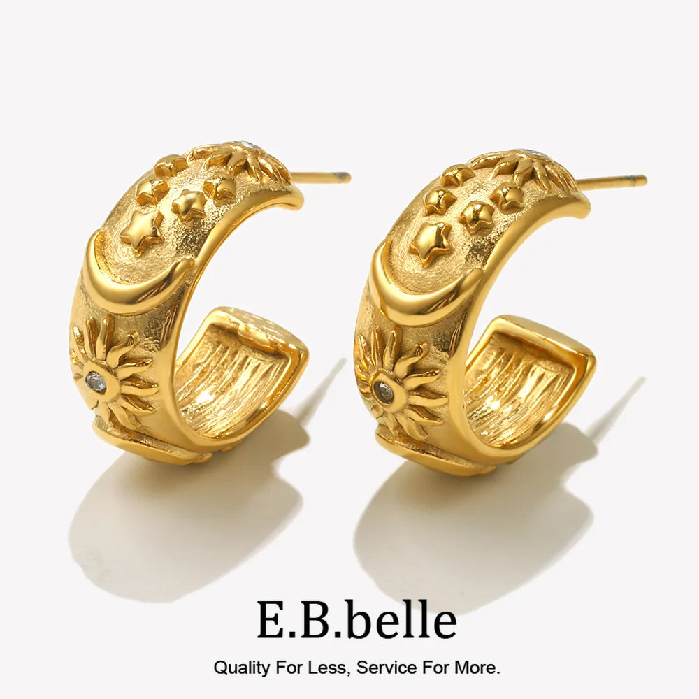 Thick Embossed Moon Sun Star Pattern Chunky Hoop Earrings For Female Women Statement Earring Stainless Steel Jewelry - Image 1