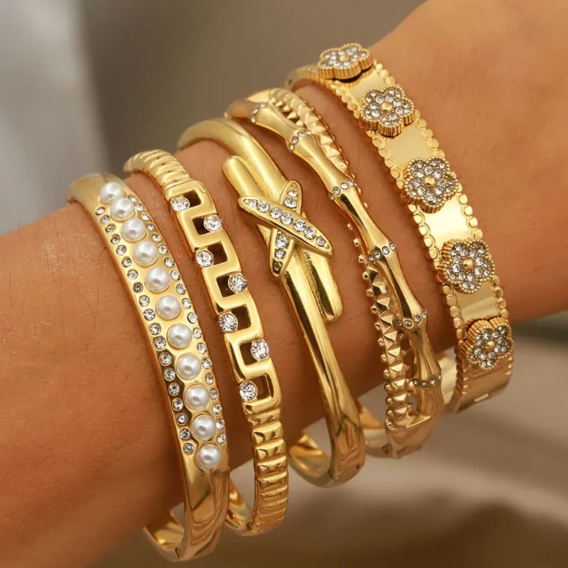 Classic Design Stainless Steel Crystal Flower Bangles for Women Jewelry Letter X Pearl Beads Bracelet - Image 1
