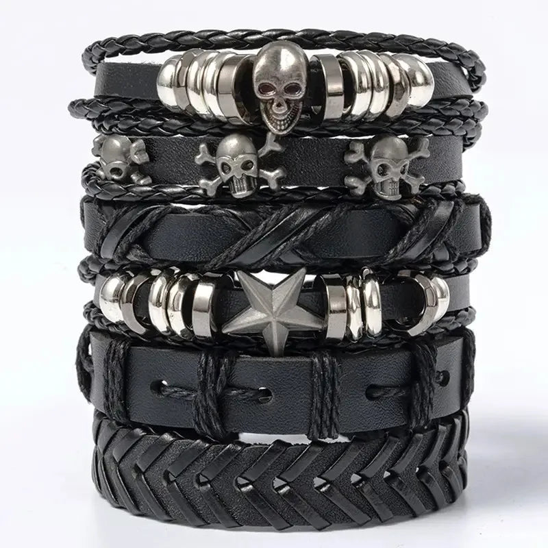 6pcs/Set Black Punk Skull Star Shaped Alloy Pu Leather Bracelet - Image 1