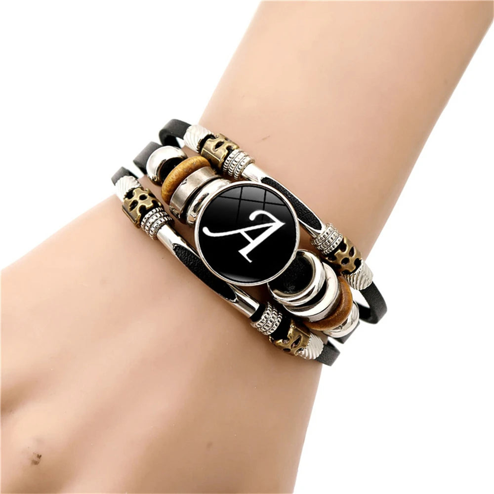 26 Letter A-Z Charms for Bracelets ID Name Friendship Black Braided Multilayer Punk Leather Bracelet Men Women Kids Family Gifts - Image 1