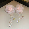 2pcs Imitation Pearl Crystal Tassel Earrings Pink Mesh Flower Pendant Necklace Temperament Women's Jewelry Set K - Image 7