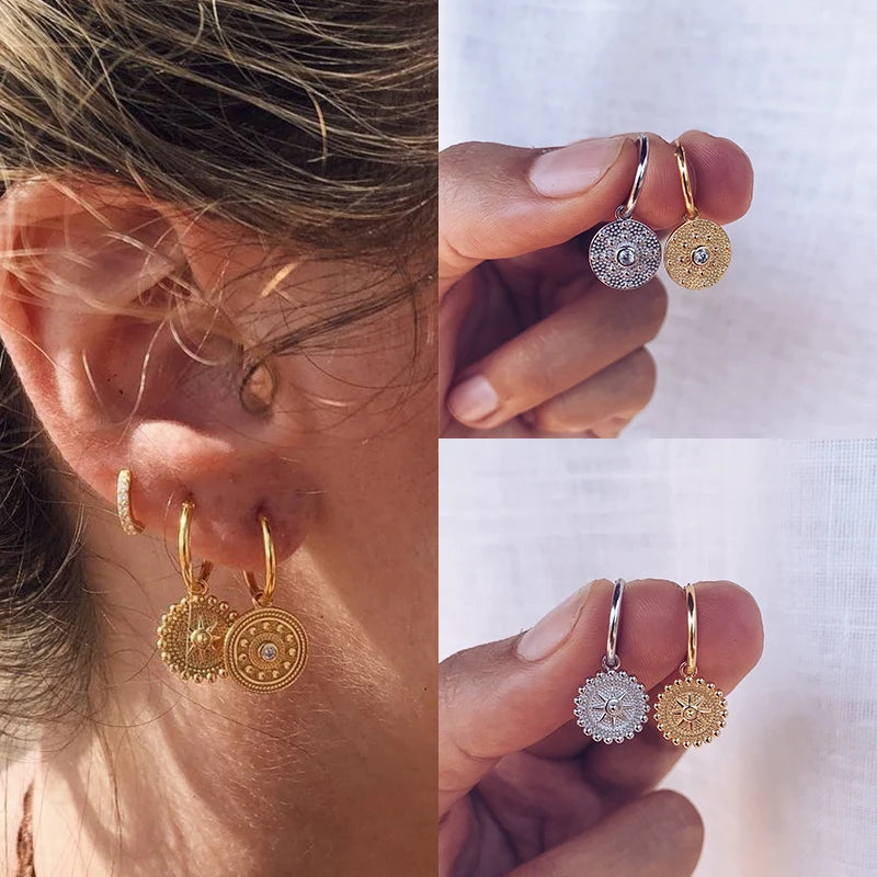 Crmya Boho Round Coin Cubic Zirconia Silver Gold Plated Earrings For Women Dangle Drop Earrings Jewelry - Image 1